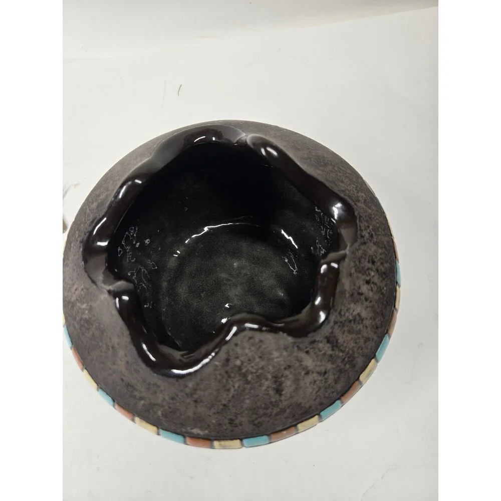 Black Ceramic Bowl Pot w/Blue Squares Geometric Signed Vtg MCM Blackware Native?